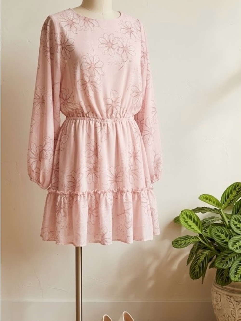 Flying Tomato Light Pink Floral Long-Sleeve Tiered Dress